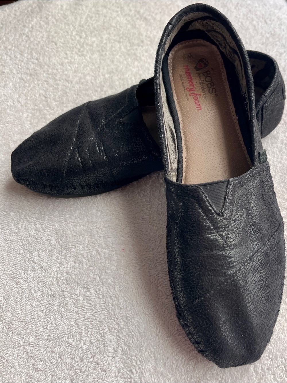 BOBS from Skechers Black, Tan Memory Foam leather sole, manmade upper Slip-Ons